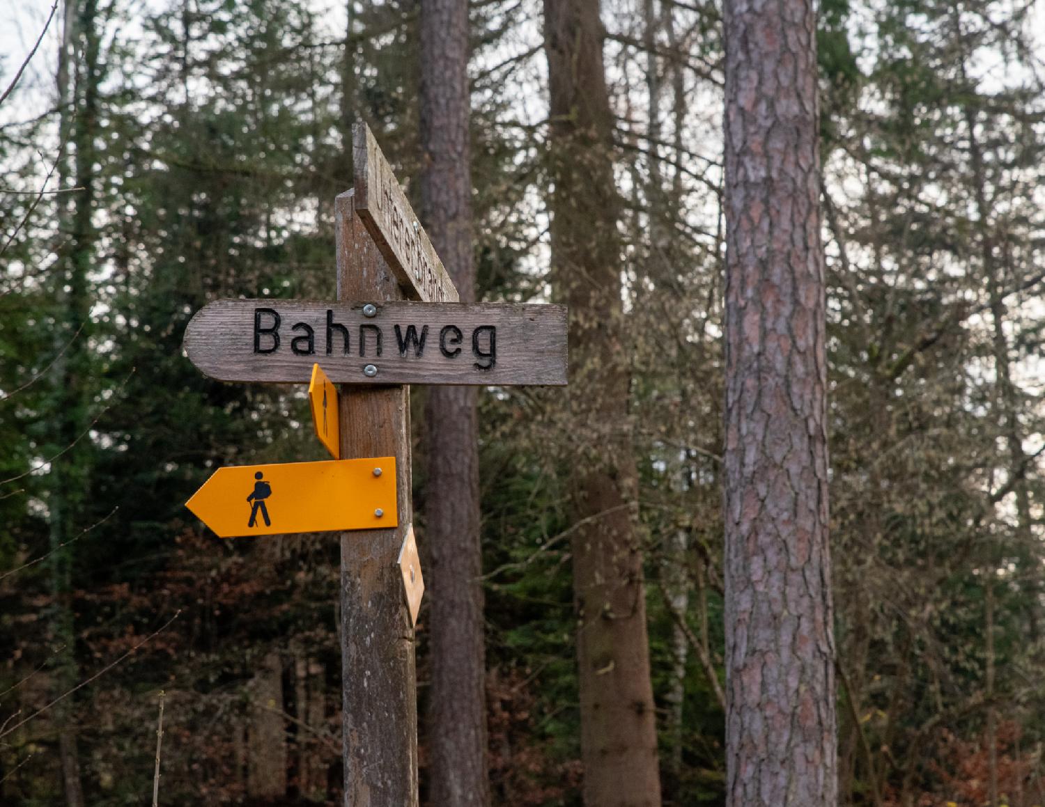 A wooden Bahnweg sign above a couple of yellow hiking signs. Behind the sign, some coniferous trees.