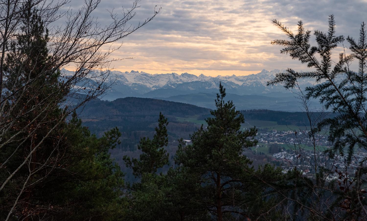Snowy mountains seen from afar, with a lightly cloudy sky with red tones. In the midground, hills, autumn-colored trees and villages. In the foreground, some tree foliage.