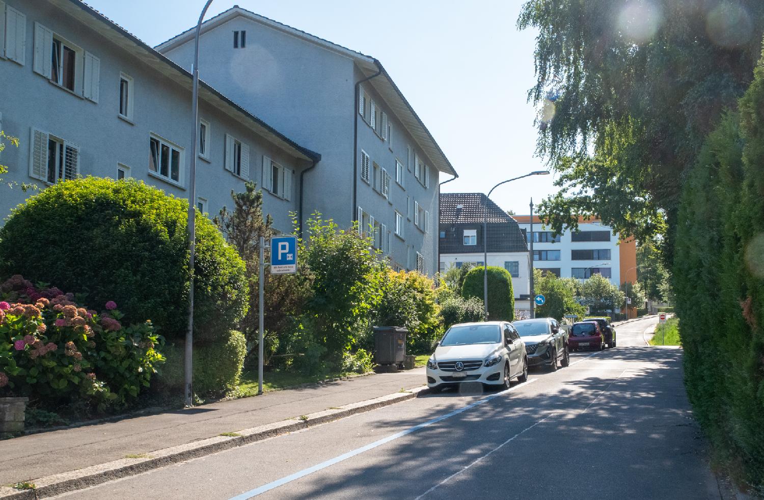 A residential street going slightly uphil, with grey residential buildings with white blinds on the left, a more modern-looking building in the background, and a tree fence on the right. 4 cars are parked on the street in a blue zone.